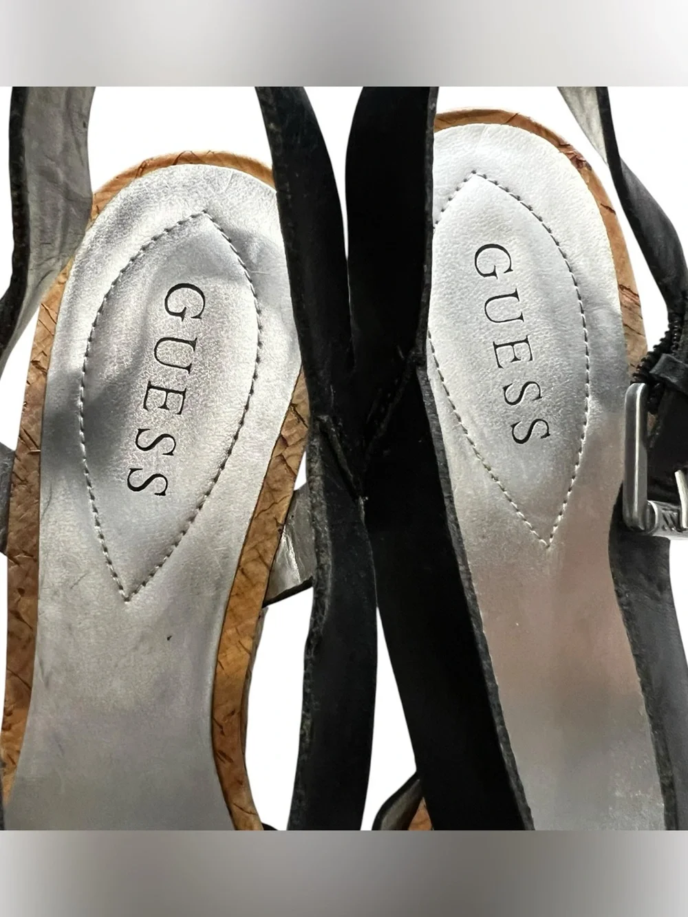 GUESS Black Leather Cork Wedge Sandals - Strappy Slingback 10 EUC